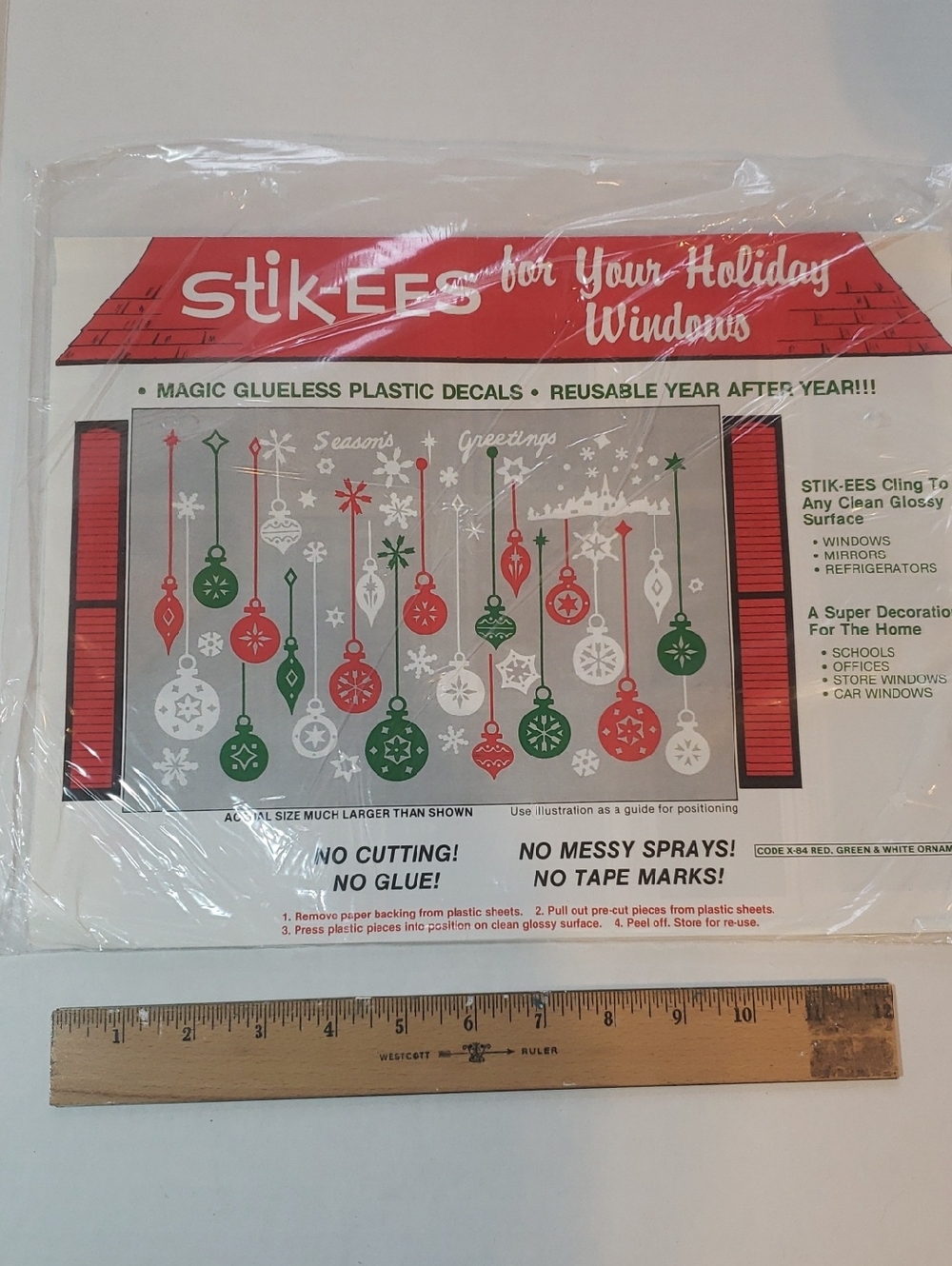Vintage Stik-ees Holiday Window Decal Set Season's Greetings Ornaments